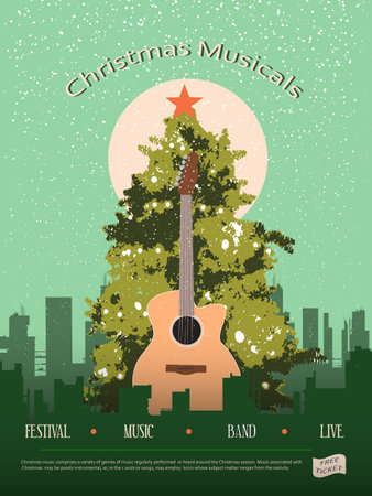 Greeting card christmas music concept with guitar and christmas tree.のイラスト素材