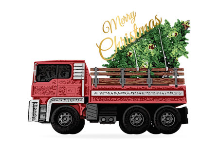 Red old christmas truck carrying a Christmas tree with merry christmas font.Vector cartoon illustration.のイラスト素材