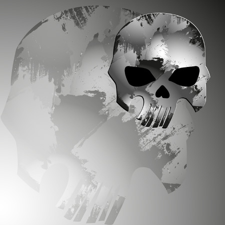 Black and white background with a skull in metallic tonesのイラスト素材