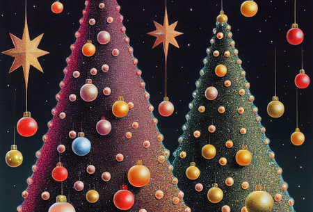 Christmas tree on dark background. Christmas and New Year greeting card.の写真素材