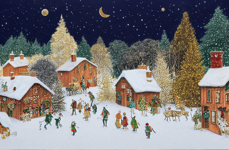 Fairy tale winter scene with village houses, childrens drawing.の写真素材