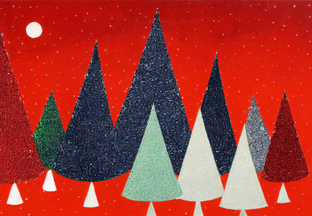 Christmas background with fir trees and snowflakes on a red backgroundの写真素材