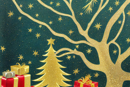 Christmas tree and gifts on a green background with a pattern of snowflakesの写真素材