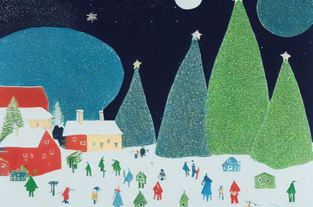 Christmas background with Christmas trees, houses and snowflakes on paper.の写真素材