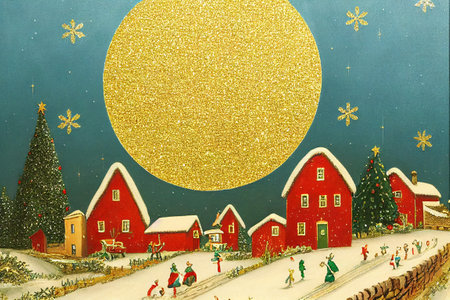 Christmas card with Santa Claus on the background of a winter village.の写真素材