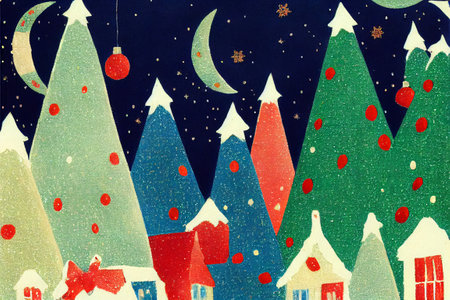Christmas background with houses, trees and snowflakes on the wallの写真素材