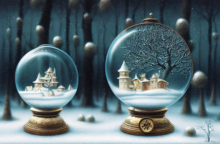 Snow globe with houses and trees. Christmas and New Year background.の写真素材