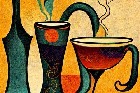Colorful illustration of two glasses of mulled wine on abstract backgroundの写真素材