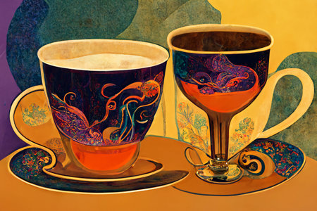 Two cups of coffee on a colored background. Illustration in retro styleの写真素材