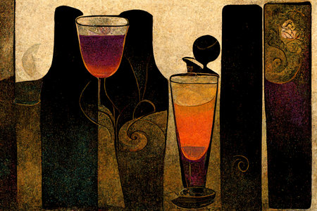 Cocktail illustration with wine bottle and glass on grunge backgroundの写真素材