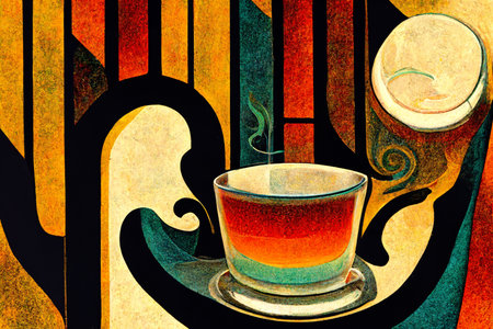 Coffee cup on abstract art background. Vintage painting style.の写真素材