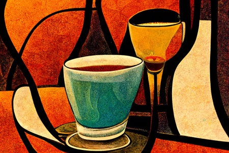 cup of coffee art illustration painting design on canvas. picture in old colorの写真素材