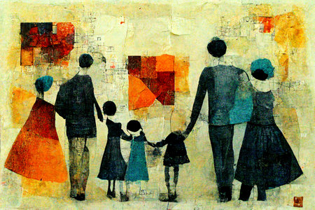 family with children, art collage on textured background, illustrationの写真素材