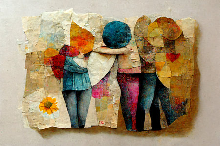 Paper collage with abstract figures of girls and boys. Handmade.の写真素材