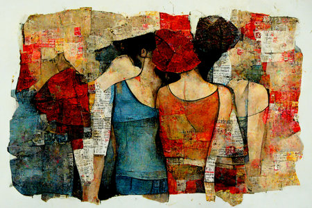 abstract fashion collage with silhouettes of women on old paperの写真素材