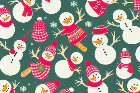 Seamless pattern with snowman and snowflakes. Vector illustration.の写真素材