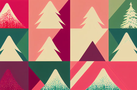 Retro Christmas background with pine trees and snowflakes in retro styleの写真素材