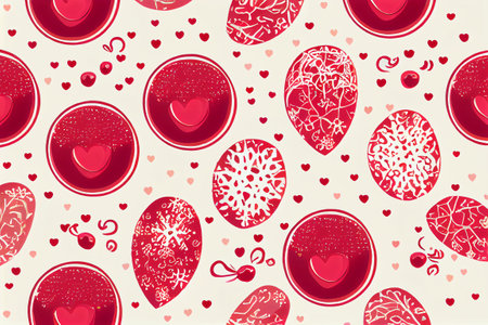 Seamless pattern with red Easter eggs, hearts and snowflakesの写真素材
