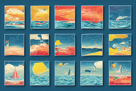 Set of cards with sea landscapes. Vector illustration in cartoon style.の写真素材