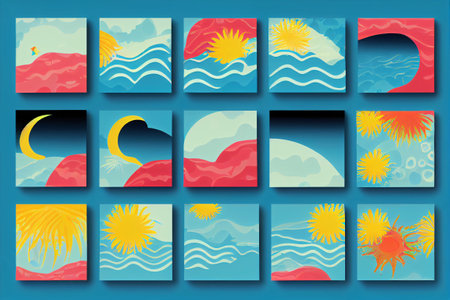 Set of vector illustrations of summer banners with sun, sea, waves, clouds, sun.