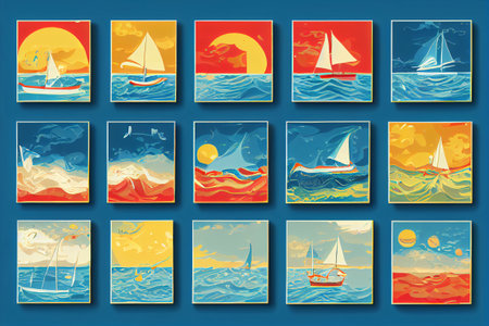 Set of vector banners with sea waves, sailboats and sunset.の写真素材
