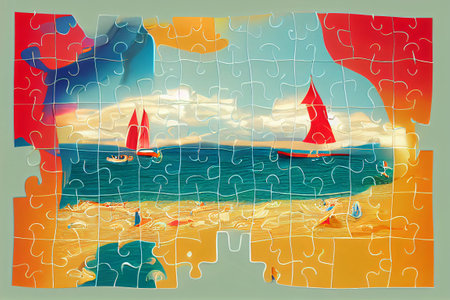 Jigsaw puzzle on the seashore with a sailboat in the distanceの写真素材