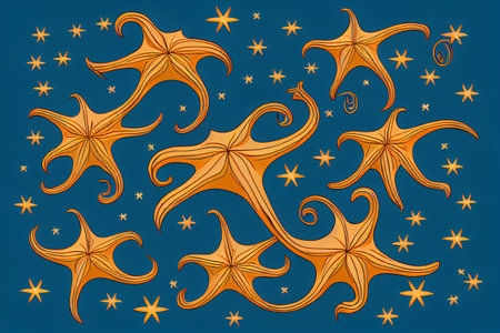 Illustration of a starfish on a blue background with stars.の写真素材