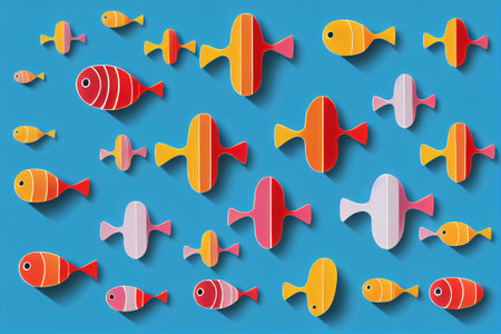 Set of colorful fish icons on blue background. Flat design. Vector illustration.の写真素材