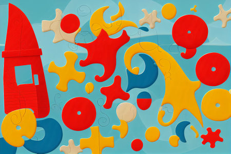 Illustration of children s toys on the background of a blue skyの写真素材