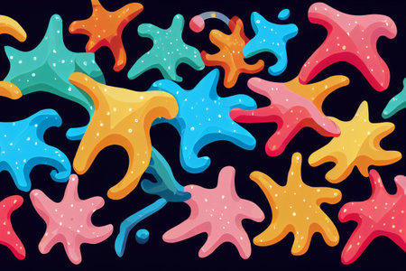Seamless pattern with colorful starfish on black background. Vector illustration.の写真素材