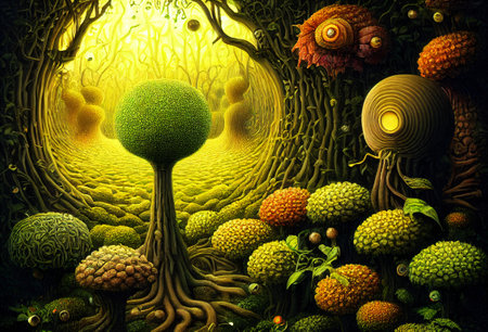 Fantasy landscape with a tree in the forest. 3D renderingの写真素材