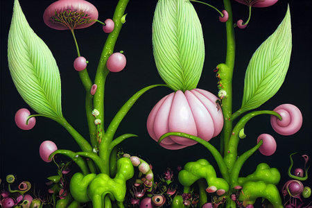 Illustration of a fantasy garden with plants and flowers on a black backgroundの写真素材