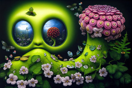 Fantasy alien face with flowers and leaves. 3D illustration.の写真素材