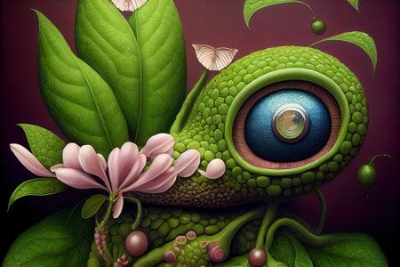 Fantasy green frog with flowers and leaves on a dark background.の写真素材