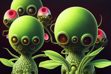 Fantasy alien with green eyes on black background. 3D illustration.の写真素材