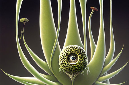 3D illustration of a plant with a green eye in it.