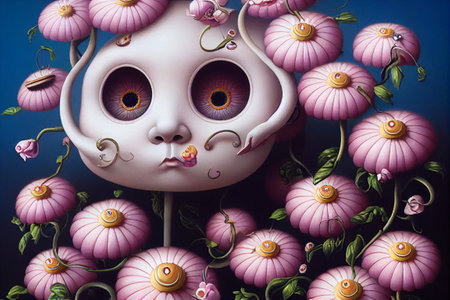 Cute alien with pink flowers on blue background. Fantasy illustration.の写真素材