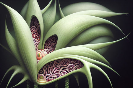 Fractal illustration of a butterfly on a green leaf. Computer generated graphics.の写真素材