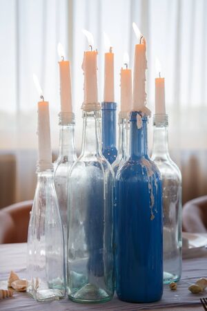 Wedding decor for banquet with candlesの写真素材