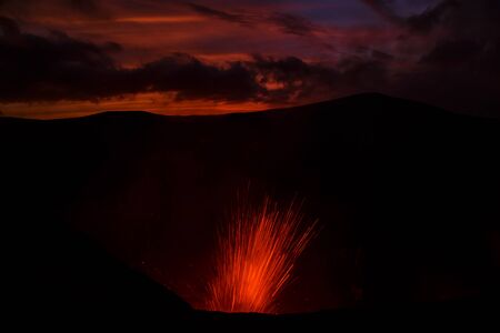 Eruption Yasur vulcano and sunset on the crater edge, Tanna, Vanuatuの写真素材