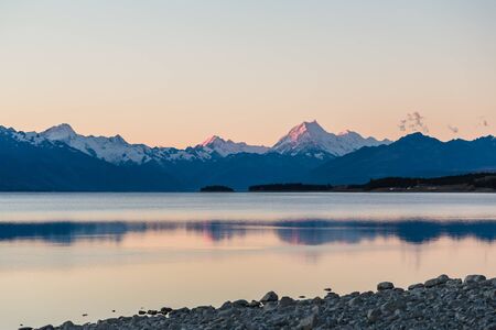 Sunset colors and reflection at Mount Cook the Aoraki/Mount Cook National Park, South island, New Zealandの写真素材