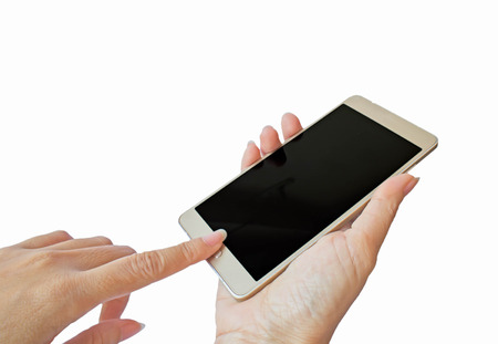 right hand holding smart phone isolated on white background