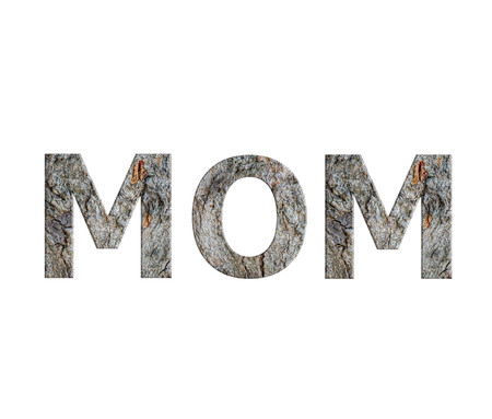 alphabets from bark tree in wording mom on white background