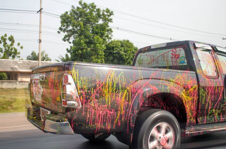 car with colorful wet powder for celebrate Songkran Festival on April 13 in Thailand. Songkran...