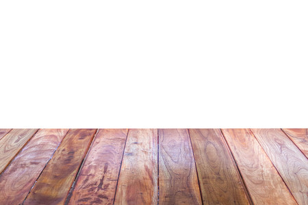 Empty perspective grungy wood table top texture isolated on white background: for product display...