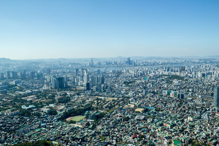 city building in Korea with blue sky
