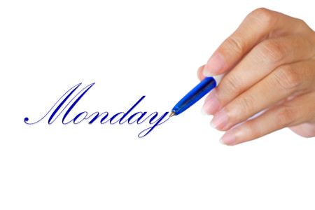hand writting love Monday on white backgroundの写真素材