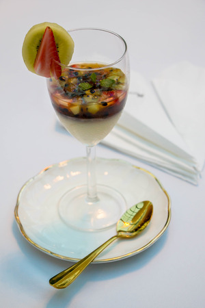 jelly pudding fruit salad in glassの写真素材