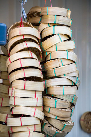 hanging blank mackarel fish basket, basket made from bambooの写真素材