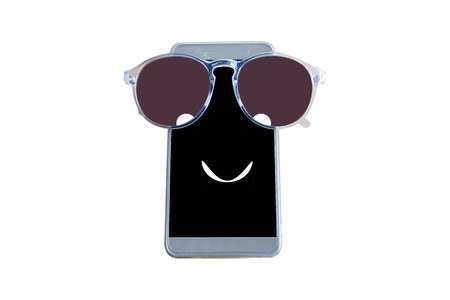 happy smart phone with glasses isolated on white backgroundの写真素材